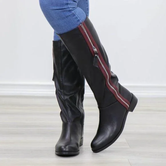 Black Below Knee Rider Boots Light Faux Fur Inside - Picture 5 of 12